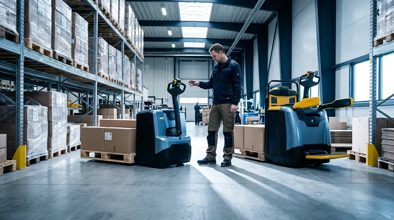 To elektriske palleløftere på et dansk lagergulv, hvor en medarbejder vurderer den ene ved en palle